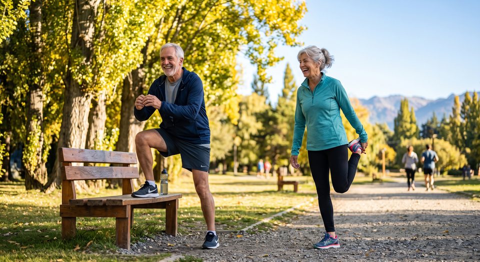 Un hombre y una mujer mayores, sonrientes, estirando las piernas en un parque con árboles otoñales de Cipolletti