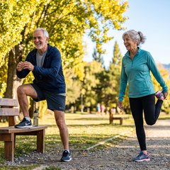 Un hombre y una mujer mayores, sonrientes, estirando las piernas en un parque
