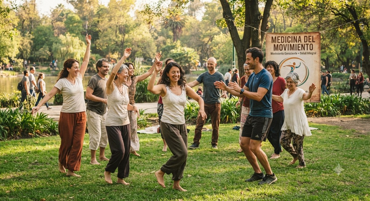 Grupo de adultos realizando una actividad física grupal al aire libre, con un cartel de fondo que dice Medicina del Movimiento