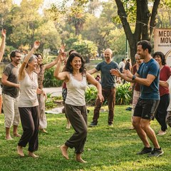 Grupo de adultos haciendo actividad física grupal al aire libre