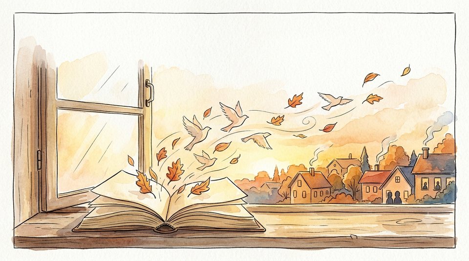 Ilustración en acuarela de un libro abierto en una ventana del que salen pájaros de papel hacia un barrio