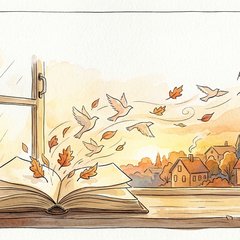 Ilustración de un libro abierto del que salen pájaros de papel hacia un barrio