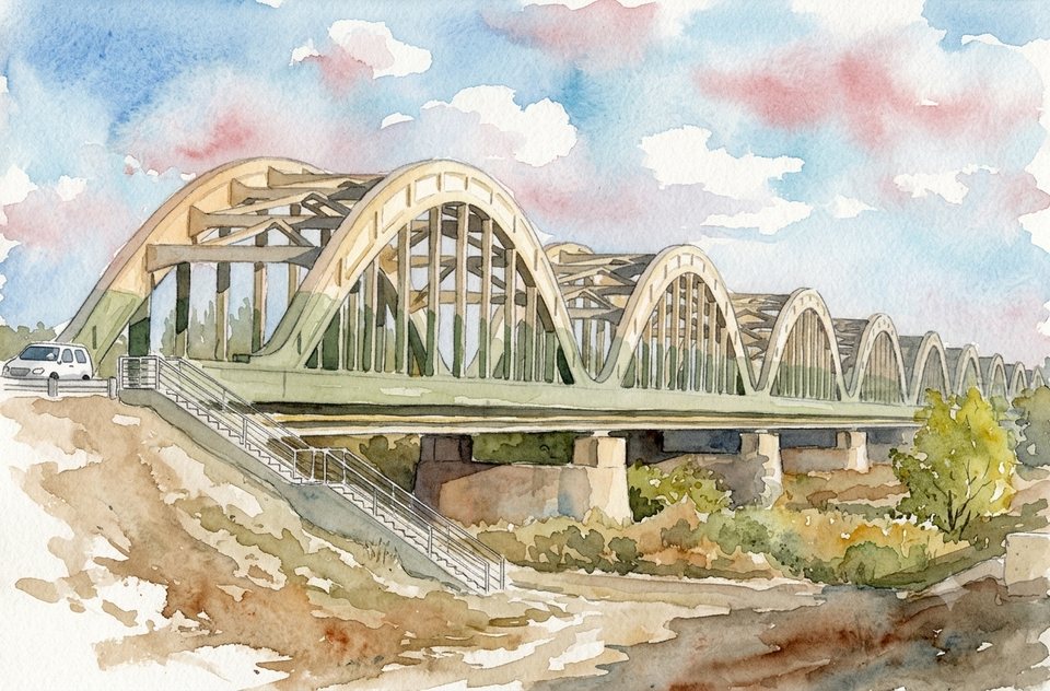 Ilustración en acuarela de un puente cruzando un río al atardecer, uniendo dos costas con paletas frías y cálidas