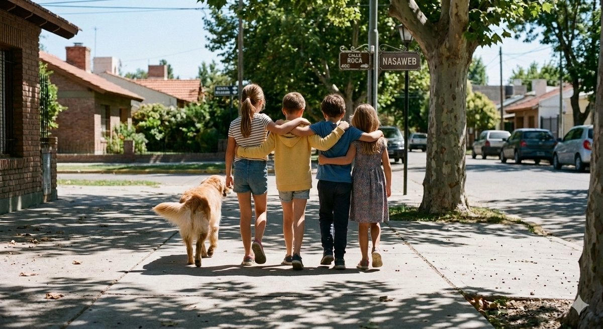 Chicos caminando abrazados por una vereda de Cipolletti, junto a su perro