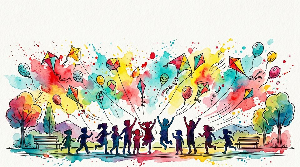 Ilustración en acuarela de barriletes y globos de colores sobre siluetas de chicos jugando en una plaza