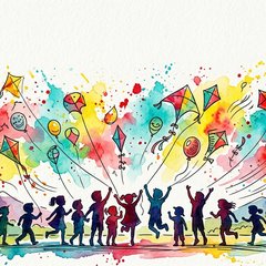 Ilustración en acuarela de barriletes y globos de colores sobre siluetas de chicos jugando en una plaza