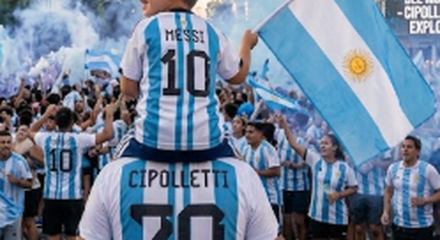 Hinchas argentinos festejando en la calle con camisetas de la Selección — una con la leyenda CIPOLLETTI — y la bandera argentina en alto