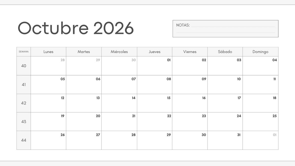 Calendario de octubre de 2026