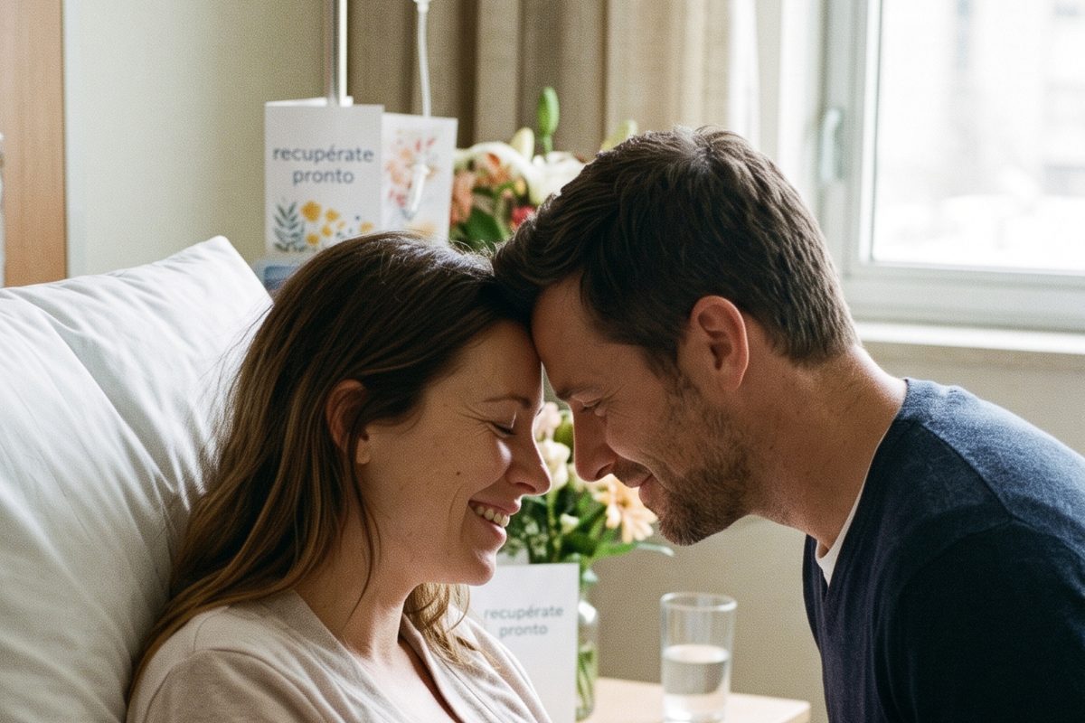 Una pareja se toca la frente con ternura junto a una cama de hospital