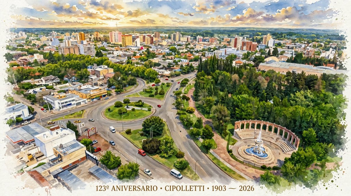 Ilustración de acuarela de vista aérea de Cipolletti, con la rotonda y el anfiteatro de la fuente, y el texto 123º Aniversario · Cipolletti · 1903-2026