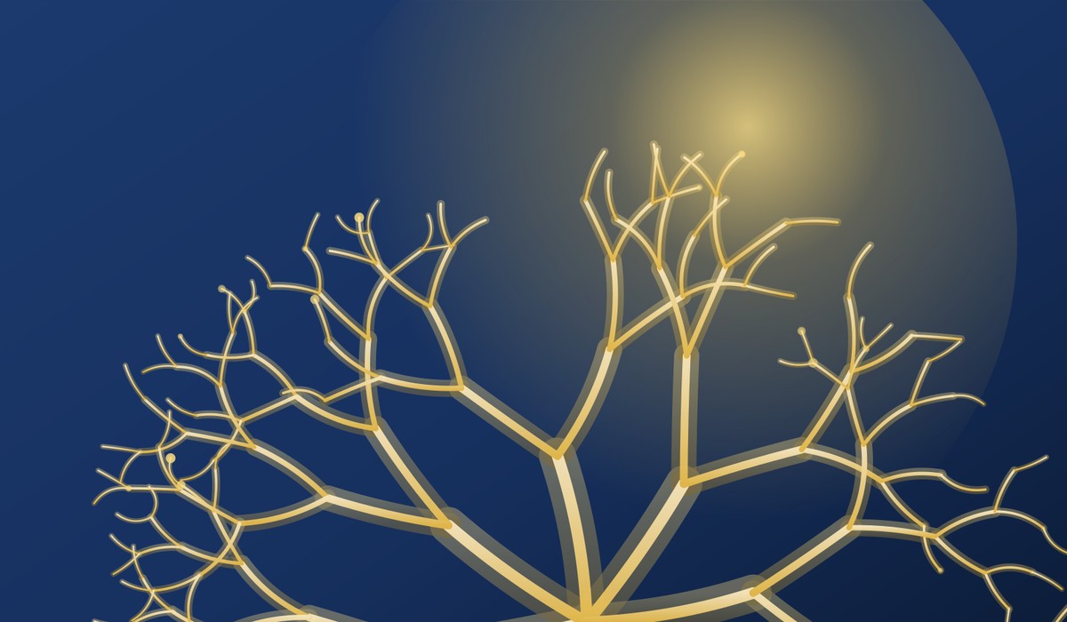 Ilustración de un cerebro representado como un árbol de raíces y ramas doradas sobre fondo azul, símbolo del cuidado cerebral