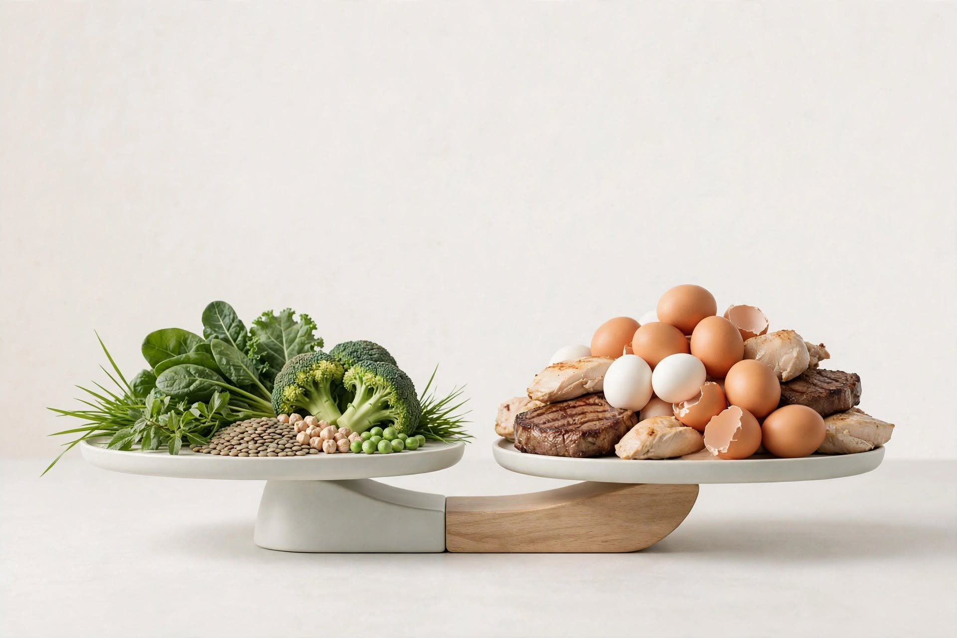 Dos platos comparados: uno con vegetales de hoja verde, brócoli, legumbres y arvejas; otro con carne, pollo y huevos