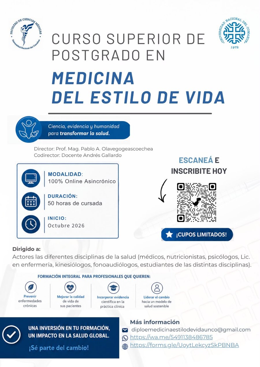 Flyer del Curso Superior de Postgrado en Medicina del Estilo de Vida, Facultad de Ciencias Médicas, Universidad Nacional del Comahue