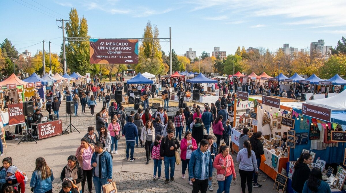 Mesas de un mercado de emprendedores con cerámica, plantas y textiles artesanales