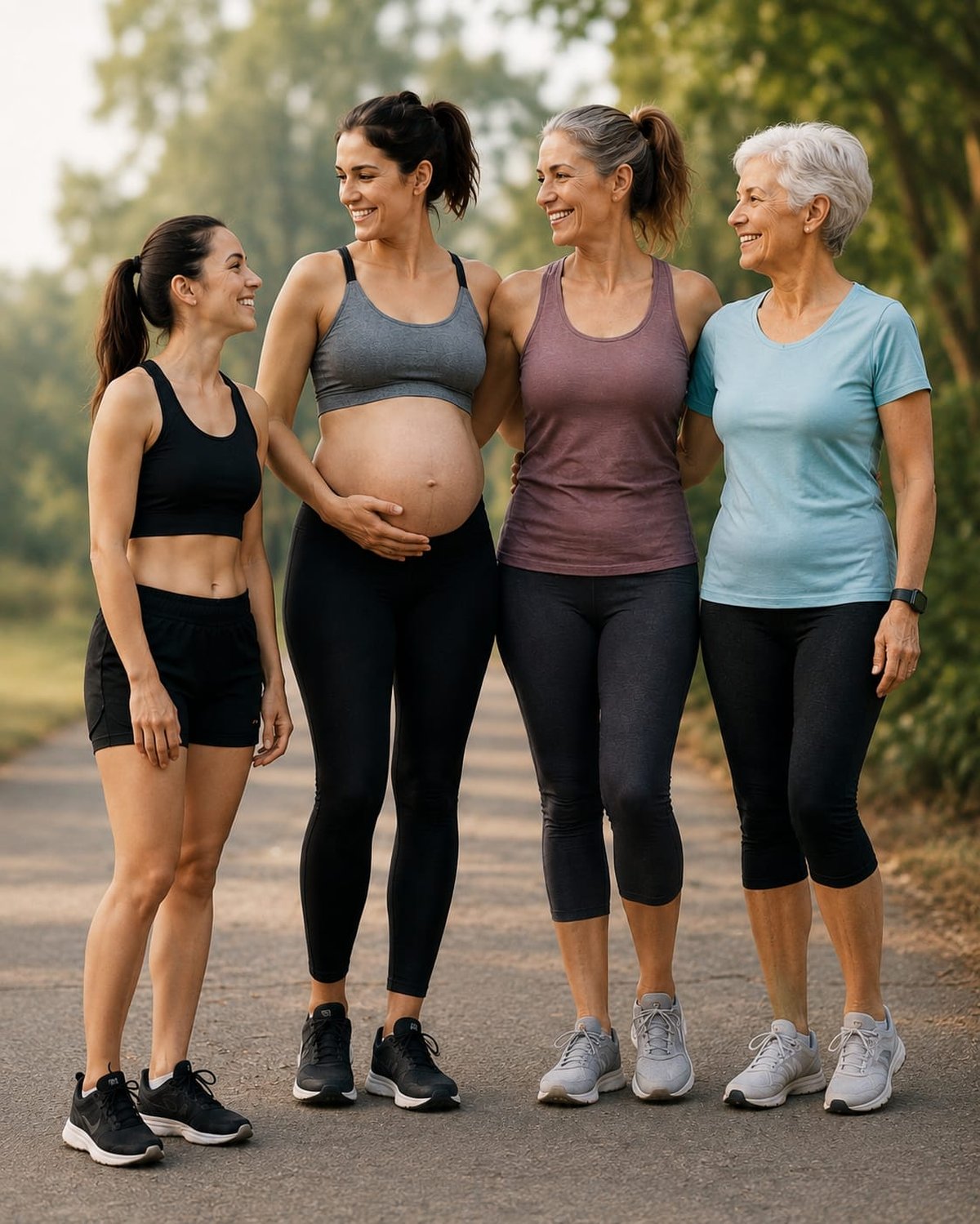 Cuatro mujeres de distintas edades y etapas de vida —una embarazada— caminando juntas y sonriendo, en ropa deportiva