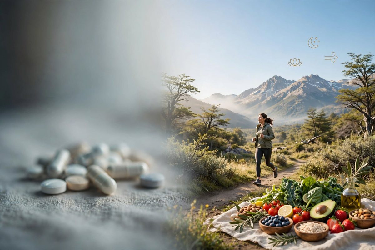 Pastillas desenfocadas y, al lado, una mujer corriendo por un sendero de montaña junto a una mesa de verduras, frutas y aceite de oliva