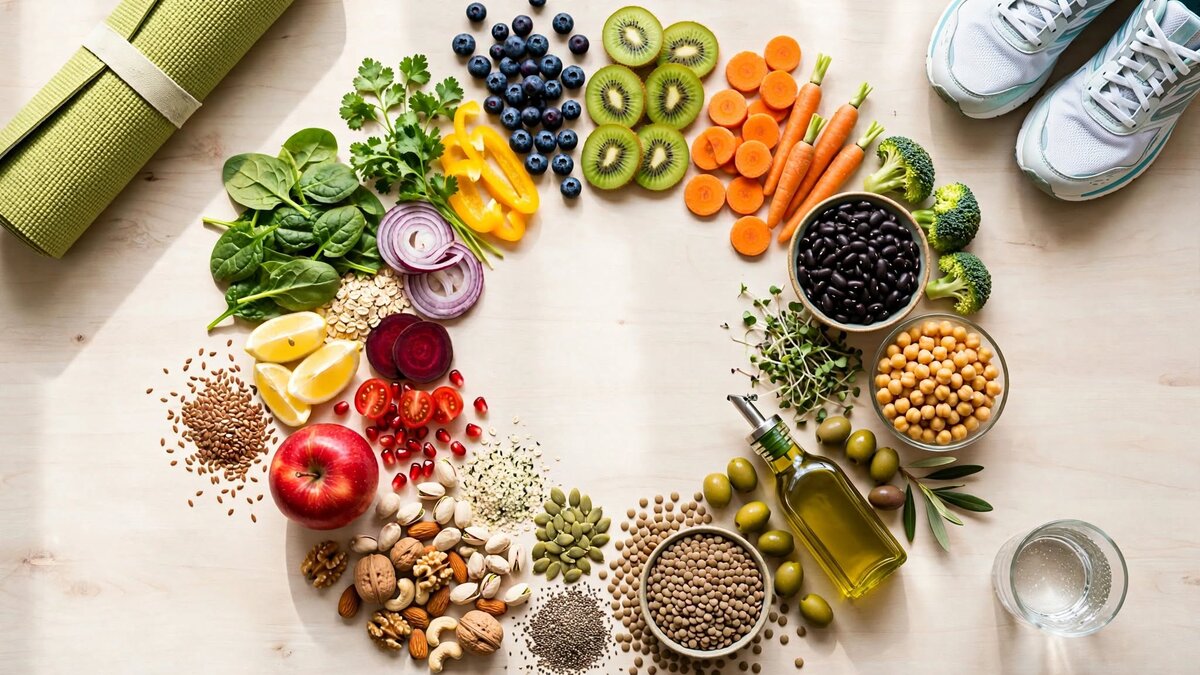Vista cenital de una mesa con frutas, verduras, legumbres, frutos secos y aceite de oliva dispuestos en círculo, junto a un mat de yoga y zapatillas deportivas