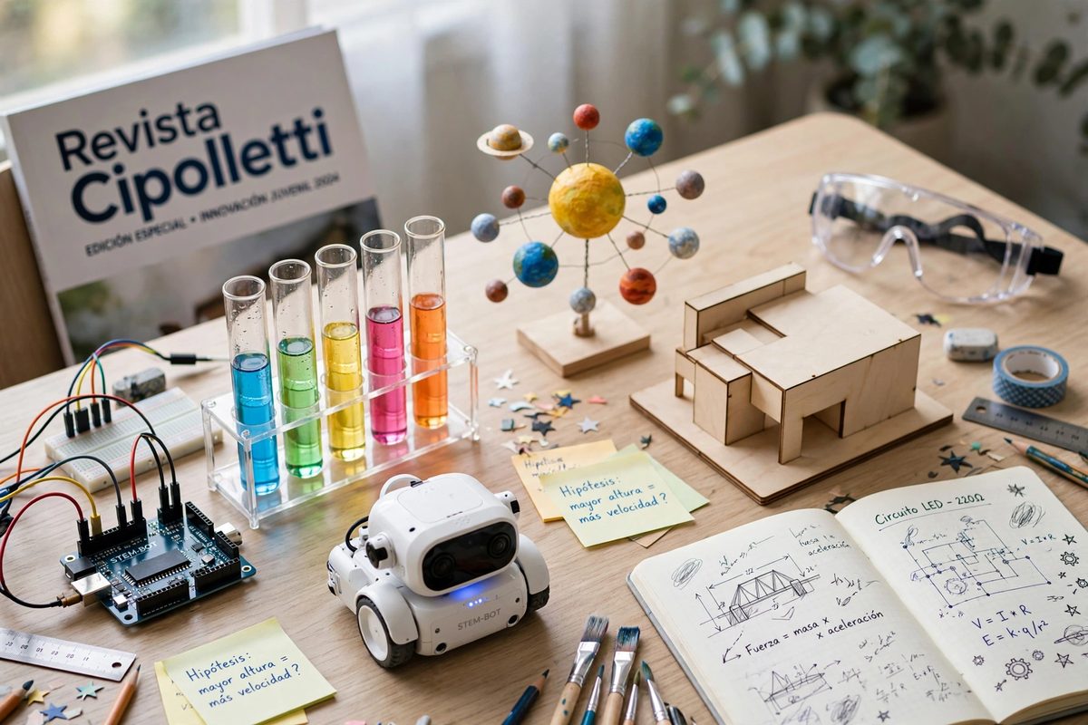 Escritorio con proyectos escolares de ciencia y tecnología: tubos de ensayo de colores, un robot STEM-BOT, una maqueta del sistema solar, un modelo de arquitectura y un cuaderno con fórmulas, junto a un ejemplar de Revista Cipolletti