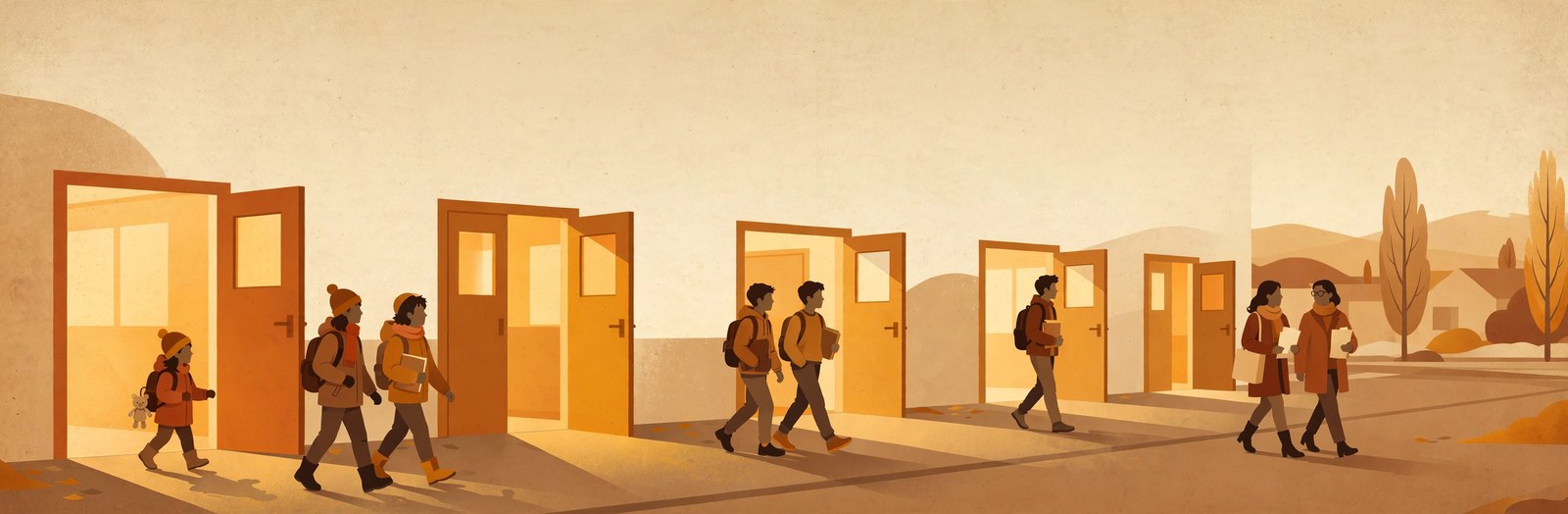 Ilustración de estudiantes de todas las edades, desde una nena con mochila y peluche hasta jóvenes universitarios, cruzando una hilera de puertas doradas abiertas, con cerros patagónicos de fondo