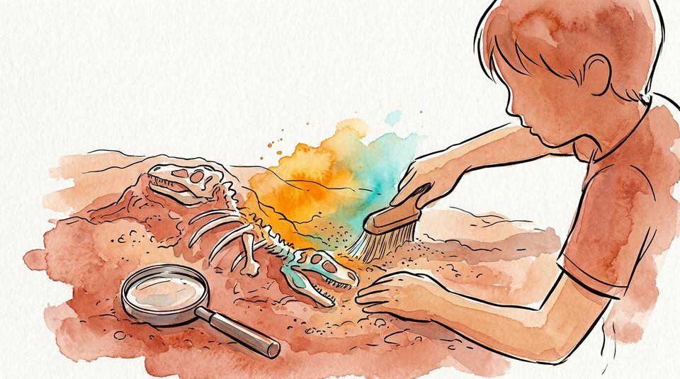 Ilustración en acuarela de manos de un niño descubriendo un fósil de dinosaurio en tierra patagónica, con lupa
