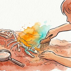 Manos de un niño descubriendo un fósil de dinosaurio en tierra patagónica