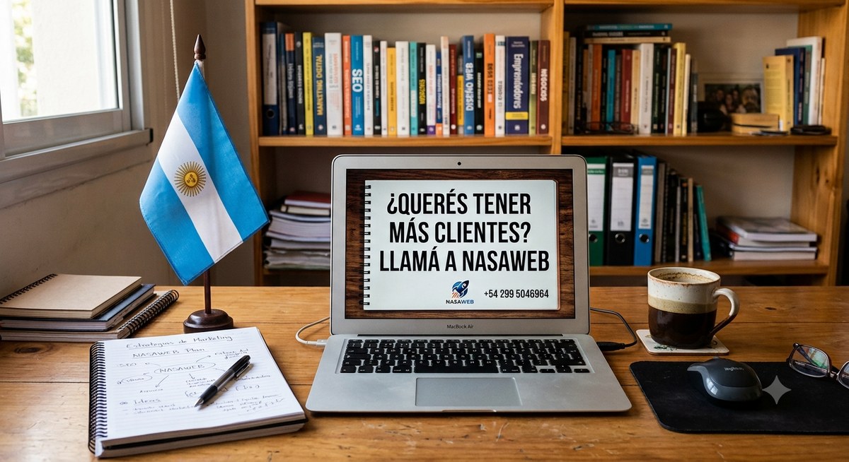 Escritorio de trabajo de Nasaweb con una laptop mostrando una pantalla de contacto, bandera argentina y libros de marketing digital y SEO