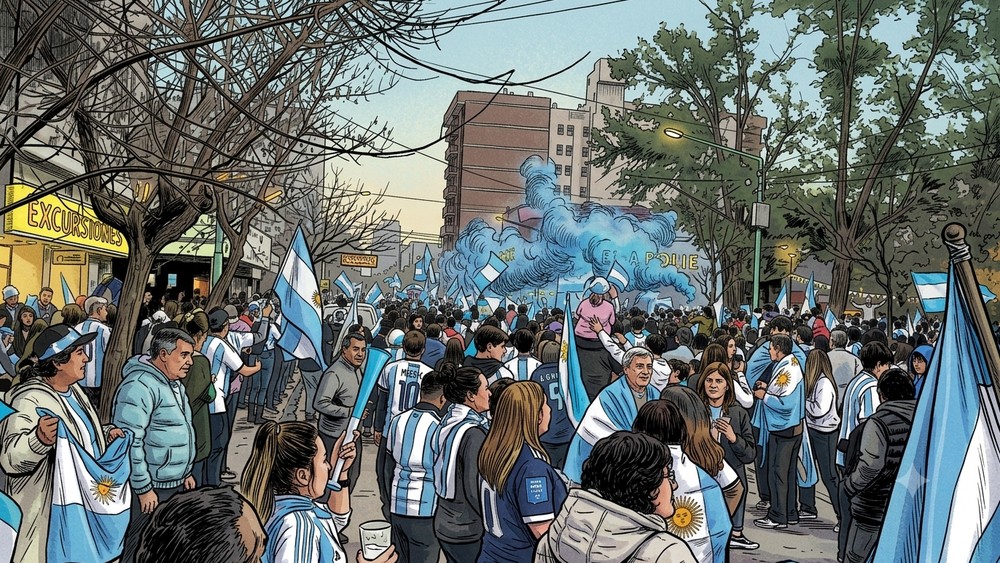 Multitud de hinchas argentinos en una calle de Cipolletti con camisetas y banderas de la Selección, celebrando entre humo celeste y blanco al atardecer
