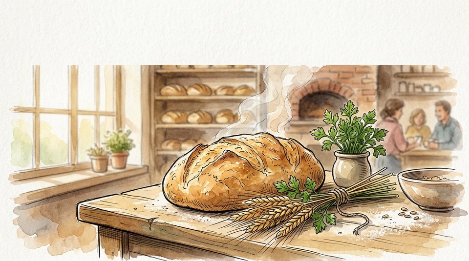 Ilustración en acuarela de un pan casero junto a un atado de trigo y perejil sobre un mostrador de panadería, luz cálida de la mañana