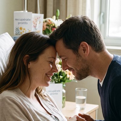 Una pareja se toca la frente con ternura junto a una cama de hospital