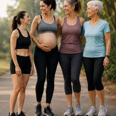 Cuatro mujeres de distintas edades y etapas de vida caminando juntas y sonriendo, en ropa deportiva