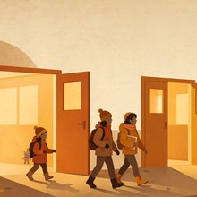 Ilustración de una nena y dos chicos con mochilas cruzando puertas doradas abiertas, camino a la escuela